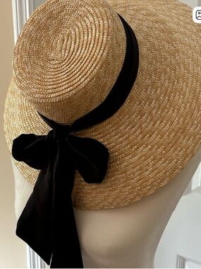 BCBG Straw Sun Hat with Black Bow Ribbon - Women
